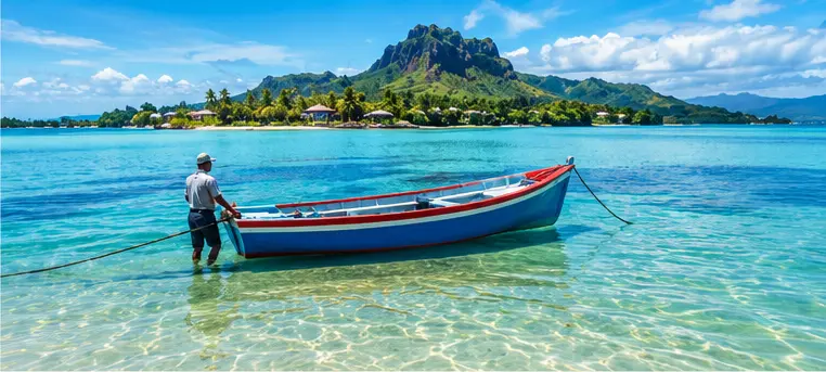 A traditional boat in a clear Mauritian lagoon