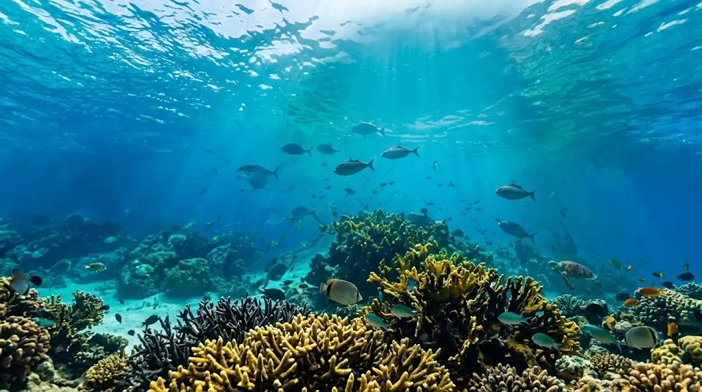A coral reef in clear Mauritian waters
